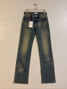 NWT Blumarine Embellished Blue Floral Straight-Leg Jeans 30x36